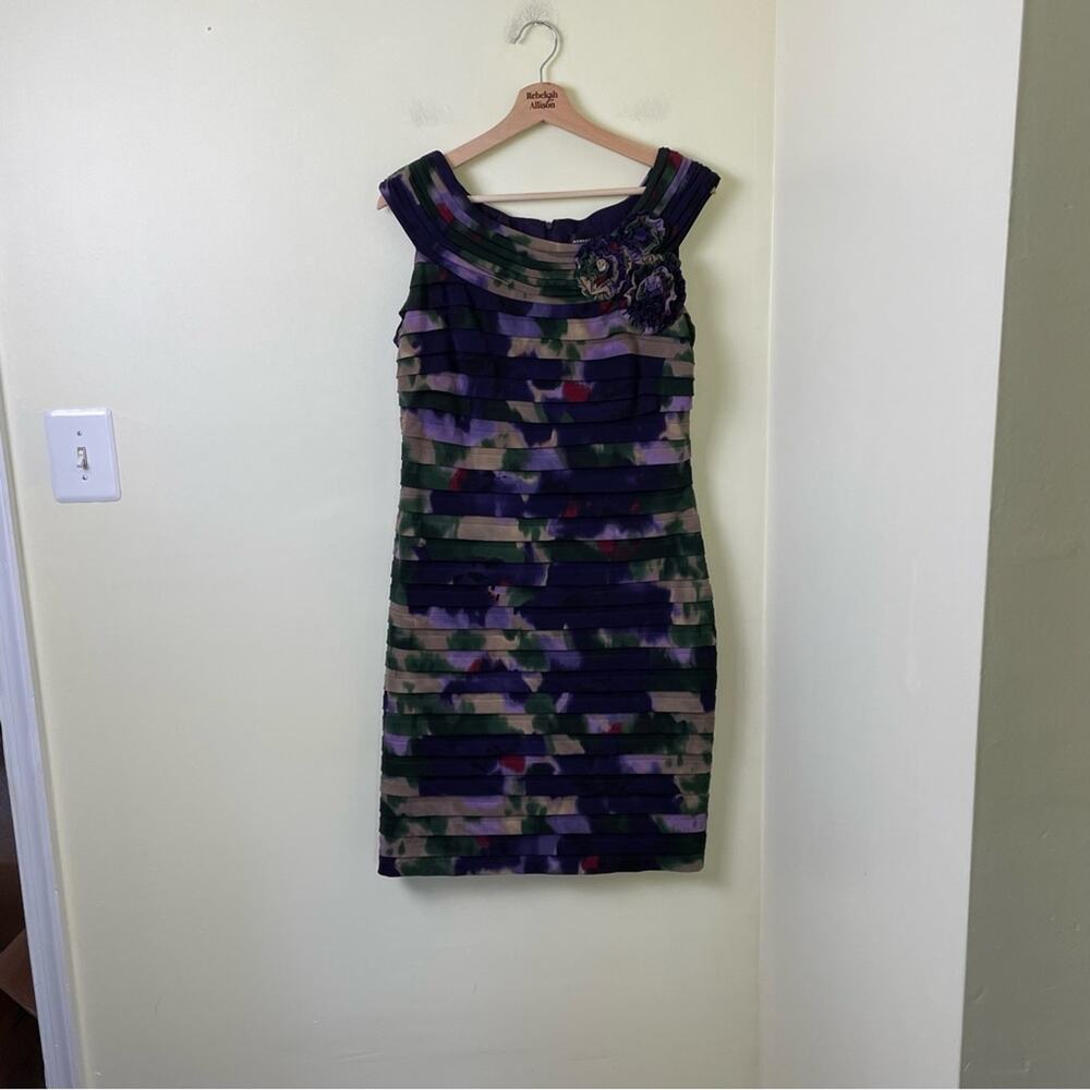 Adrianna Papell Shutter Pleated Sheath Dress with Flowers in Purple Floral SZ 14 - Picture 2 of 10